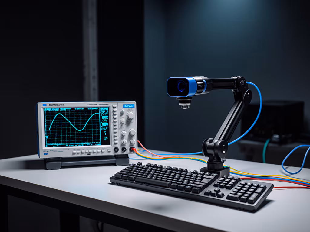 latency_testing_setup_showing_keyboard_connected_to_oscilloscope_and_high-speed_camera